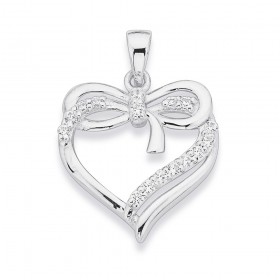 Sterling+Silver+Cubic+Zirconia+Heart+with+Ribbon+Pendant