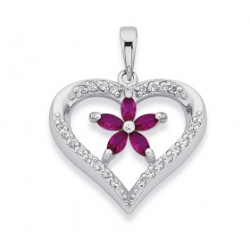 Sterling+Silver+Cubic+Zirconia+Heart+with+Flower+Pendant