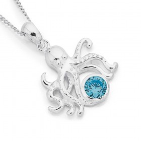 Sterling+Silver+Blue+Cubic+Zirconia+Octopus+Pendant