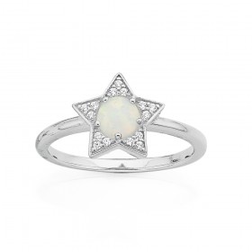 Sterling+Silver+Cubic+Zirconia+%26amp%3B+Created+Opal+Star+Ring