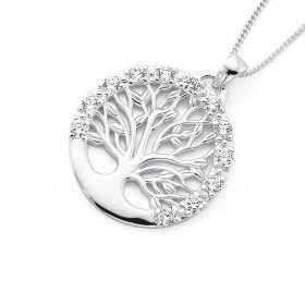 Sterling+Silver+Round+Cubic+Zirconia+Tree+of+Life+Pendant