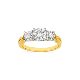 9ct-Gold-Diamond-Cluster-Trilogy-Ring on sale