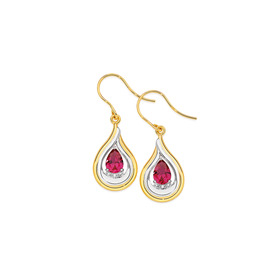 9ct-Gold-Two-Tone-Created-Ruby-Diamond-Hook-Earrings on sale