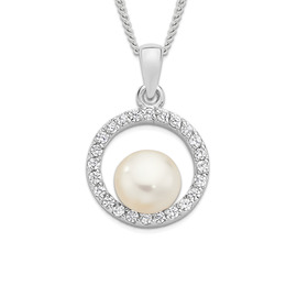 Sterling-Silver-Fresh-Water-Pearl-in-Cubic-Zirconia-Circle-Pendant on sale