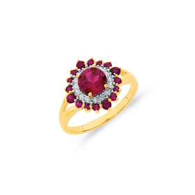 9ct-Created-Ruby-Diamond-Cluster-Ring on sale