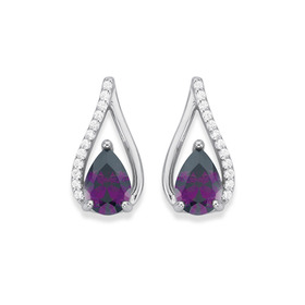 Sterling+Silver+Pear+Violet+Cubic+Zirconia+Loop+Earrings