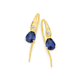 9ct-Gold-Created-Sapphire-Diamond-Hook-Earrings on sale