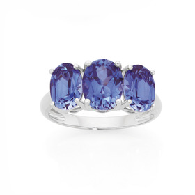 9ct-White-Gold-Created-Ceylon-Sapphire-Trilogy-Ring on sale