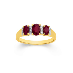9ct-Ruby-Diamond-Oval-Trilogy-Ring on sale