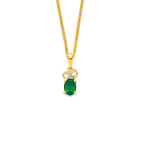 9ct+Created+Emerald+%26amp%3B+Diamond+Bow+Pendant