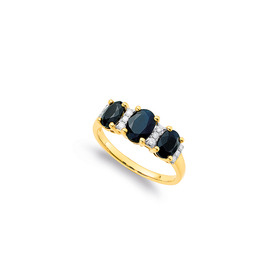 9ct-Gold-Black-Sapphire-10ct-Diamond-Trilogy-Ring on sale