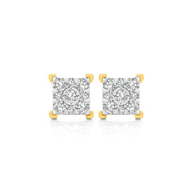 9ct+Two+Tone+Diamond+Square+Cluster+Stud+Earrings