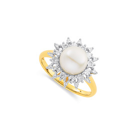 9ct+Freshwater+Pearl+%26amp%3B+Diamond+Cluster+Ring