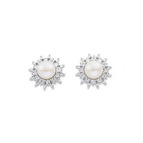 9ct-Freshwater-Pearl-Diamond-Cluster-Earrings on sale