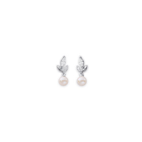 Sterling-Silver-Freshwater-Pearl-Cubic-Zirconia-Leaf-Drop-Earrings on sale