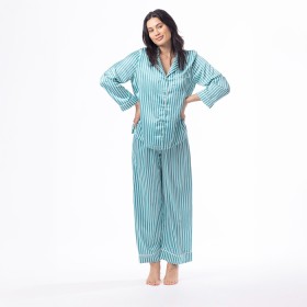 Satin+Long+Green+Stripe+PJ+Set