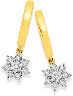 9ct%2C+Diamond+Flower+Drop+Hoop+Earrings