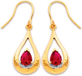 9ct+Created+Ruby+Pear+Teardrop+Earrings