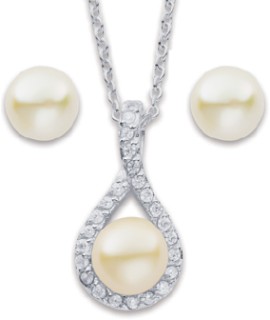 Sterling+Silver+Freshwater+Pearl+%26amp%3B+Cubic+Zirconia+Pendant+%26amp%3B+Earrings+Set