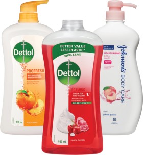 Dettol+Shower+Gel+950ml%2C+Foaming+Handwash+Refill+900ml+or+Johnson%26rsquo%3Bs+Body+Wash+1L