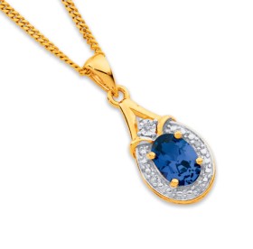 9ct+Created+Sapphire+%26amp%3B+Diamond+Pendant