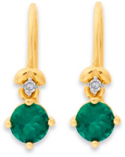 9ct+Created+Emerald+%26amp%3B+Diamond+Hook+Earrings