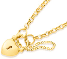 9ct+19cm+Oval+Belcher+Bracelet+with+Heart+Padlock