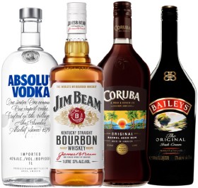 Absolut+Vodka+Original%2C+Jim+Beam+Bourbon%2C+Coruba+Original+Rum+or+Gold+Rum+or+Baileys+Irish+Cream+1L