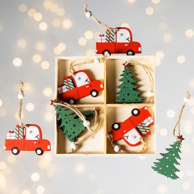 Christmas+Wishes+Wooden+Car+%26amp%3B+Tree+Hanging+Decoration+Set+of+8