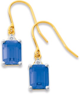 9ct+Created+Ceylon+Sapphire+%26amp%3B+Diamond+Hook+Earrings