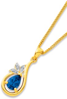 9ct+Created+Sapphire+%26amp%3B+Diamond+Swirl+Pendant