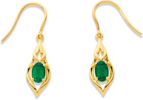 9ct+Created+Emerald+Hook+Earrings