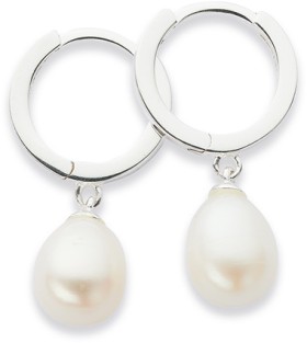 Sterling+Silver+Cultured+Freshwater+Pearl+Drop+On+Huggie+Earrings