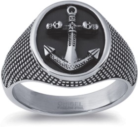 Chisel+Stainless+Steel+Oxidised+Anchor+Signet+Gents+Ring