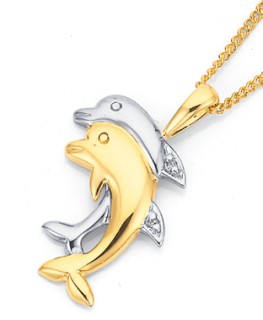 9ct+Two+Tone+Diamond+Set+Dolphin+Pendant