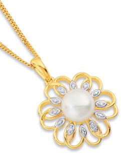 9ct+Freshwater+Pearl+%26amp%3B+Diamond+Petals+Pendant