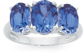 9ct-White-Gold-Created-Ceylon-Sapphire-Trilogy-Ring on sale