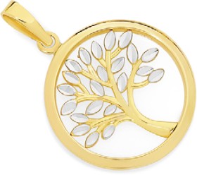 9ct+Two+Tone+Diamond+Cut+Tree+of+Life+Circle+Pendant