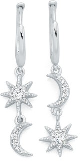 Sterling+Silver+Cubic+Zirconia+Star+and+Moon+Hoop+Drop+Earrings