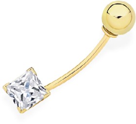 9ct+Square+Cubic+Zirconia+Belly+Bar