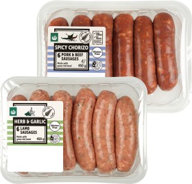 Woolworths+Fresh+Chicken+Garlic+%26amp%3B+Herb%2C+Lamb+Herb+%26amp%3B+Garlic+or+Spicy+Chorizo+Pork+%26amp%3B+Beef+Sausages+6+Pack