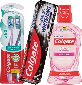 Colgate+Advanced+Whitening+180%2F200g%2C+Sensitive%2A+110g%2C+Plax+Gentle+500ml+or+360+2+Pack