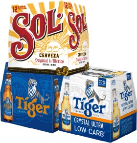 Sol+Mexican+Lager%2C+Tiger+12+x+330ml+Bottles+or+Tiger+Crystal+Ultra+Low+Carb+12+x+330ml+Bottles%2FCans