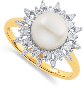 9ct+Freshwater+Pearl+%26amp%3B+Diamond+Cluster+Ring