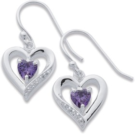 Sterling+Silver+Purple+Cubic+Zirconia+Heart+Hook+Earrings