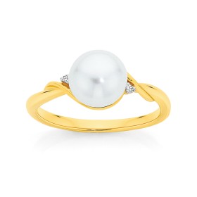 9ct+Cultured+Freshwater+Pearl+%26amp%3B+Diamond+Ring