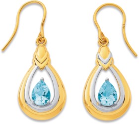 9ct+Two+Tone+Gold+Blue+Topaz+Drop+Pear+Twist+Earring