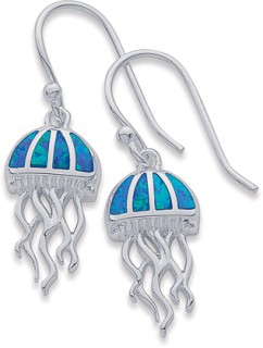 Sterling+Silver+Created+Blue+Opal+Jellyfish+Hook+Earrings