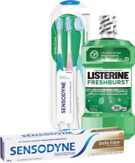 Sensodyne+Toothpaste%2A+110g%2C+Toothbrush+3+Pack+or+Listerine+Fresh+Burst%2A+500ml