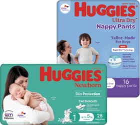 Huggies+Convenience+Pack+Ultra+Dry+Nappies+16-28+Pack+or+Nappy+Pants+16-20+Pack